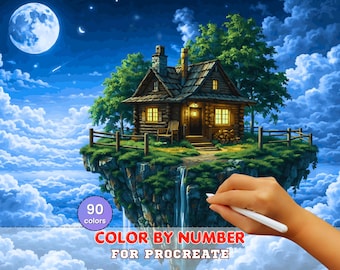 Floating Moonlit Cottage Paint by Number for Procreate – Fantasy Sky Island Dreamscape | Digital Download