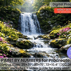 Forest Waterfall Paint by Number for Procreate, Botanical Landscape (Digital Download)