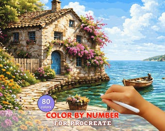 Seaside Stone House Paint by Number for Procreate – Mediterranean Calm | Digital Download