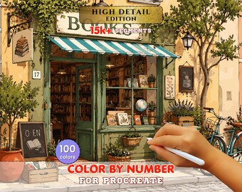Cozy Bookshop Paint by Number for Procreate – Charming European Storefront | Digital Download