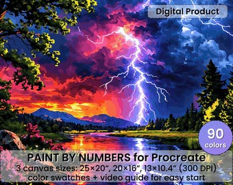 劇的な雷雨の風景を数字で描くペイントバイナンバー（Procreate用デジタルダウンロード）