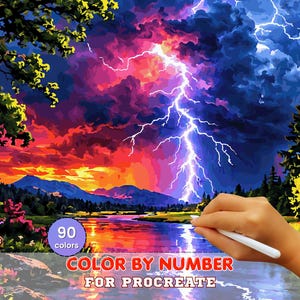 May include: A digital painting of a dramatic landscape with a lightning storm over a lake. The sky is filled with vibrant colors, and the text "COLOR BY NUMBER FOR PROCREATE" is displayed.