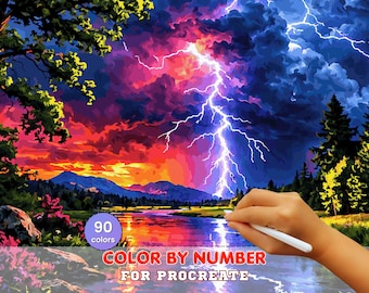 Dramatic Lightning Storm Landscape Paint by Number for Procreate (Digital Download)
