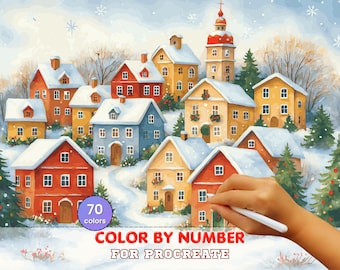 Winter Village Procreate Paint by Number | Christmas Digital Coloring Template