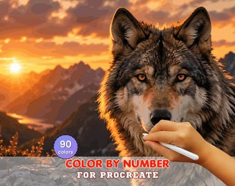 Wolf at Sunset Paint by Number for Procreate – Majestic Mountain Wildlife Portrait | Digital Download