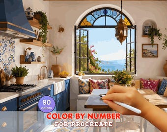 Mediterranean Kitchen Paint by Number for Procreate – Coastal Window View & Cozy Interior | Digital Download