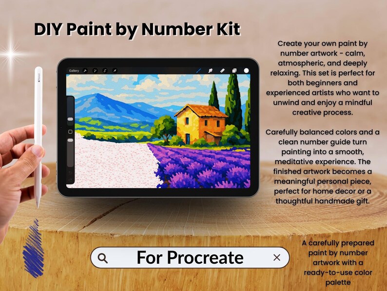 May include: A digital DIY paint-by-number kit for Procreate. The image shows a tablet displaying a landscape painting with a house, lavender field, and mountains. A white stylus is held near the tablet. The text reads "DIY Paint by Number Kit."