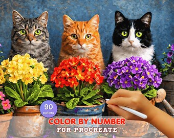 Cats with Flowers Paint by Number for Procreate – Digital Download