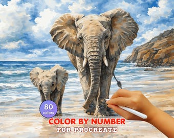 Elephant Family on the Beach Paint by Number for Procreate – Wildlife Ocean Scene | Digital Download