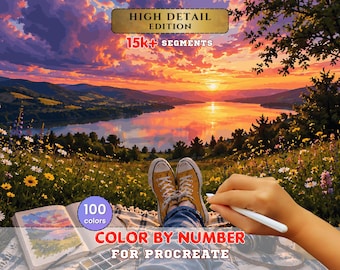 Sunset Picnic View Paint by Number for Procreate – Scenic Lake Landscape | High Detail Digital Download