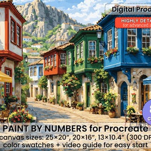 May include: A digital painting of a European village street scene with colorful buildings. The image features buildings in shades of red, green, and blue, with flowers and plants. Text at the bottom reads "PAINT BY NUMBERS for Procreate".