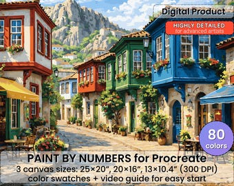 Colorful Old Town Street Paint by Number for Procreate – Mediterranean Village | Digital Download