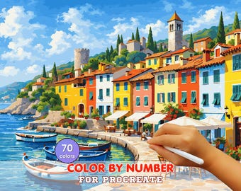 Coastal Italian Village Paint by Number for Procreate – Mediterranean Harbor Art | Digital Download