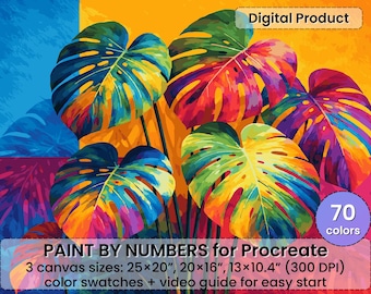 カラフルなモンステラの葉のペイントバイナンバー（Procreate用） – トロピカルモダン抽象画 | デジタルダウンロード