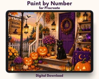 Witchy Halloween Porch Paint by Number for Procreate – Cozy Autumn Magic | Digital Download