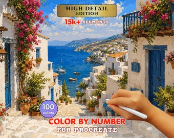 Greek Seaside Village Paint by Number for Procreate – Mediterranean Coastal Street | Digital Download