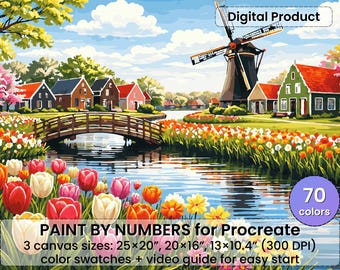 Procreate用オランダチューリップ風景画 数字で描くペイント – Windmill Spring Village | デジタルダウンロード