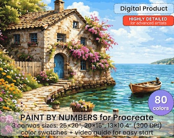 海辺の石造りの家 数字で描く Procreate 用ペイント – 地中海の静けさ | デジタルダウンロード