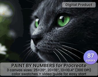 Black Cat Paint by Number for Procreate, Moody Animal Portrait (Digital Download)
