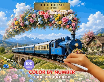 Flower Arch Steam Train Paint by Number for Procreate – Vintage Railway Spring Landscape | High Detail Digital Download