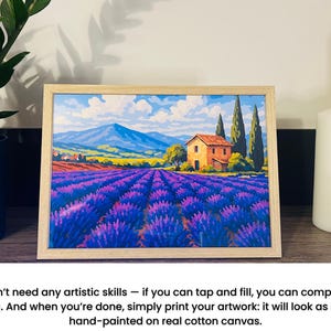 May include: A framed painting depicting a lavender field, a house, and mountains. The artwork uses a vivid colour scheme of purple, blue, yellow, and orange. The text at the bottom reads, "You don't need any artistic skills..."