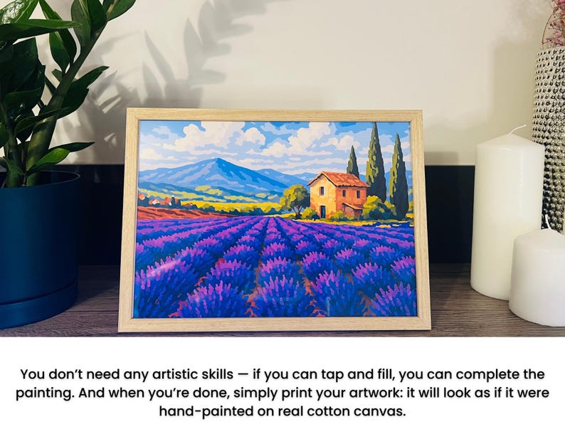 May include: A framed painting depicting a lavender field, a house, and mountains. The artwork uses a vivid colour scheme of purple, blue, yellow, and orange. The text at the bottom reads, "You don't need any artistic skills..."
