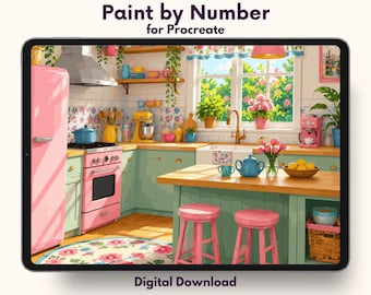 Pink Vintage Kitchen Paint by Number for Procreate – Cozy Cottage Interior | Digital Download