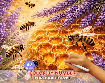 Bees and Honeycomb Paint by Number for Procreate – Lavender Honey Nature Scene | Digital Download