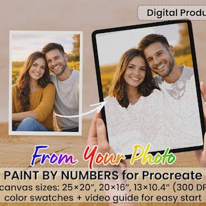 May include: A digital product advertisement shows a photo of a couple on a tablet and in a framed photo. Text reads "Digital Product" and "From Your Photo". The product is "PAINT BY NUMBERS for Procreate" with three canvas sizes: 25x20", 20x16", and 13x10.4".