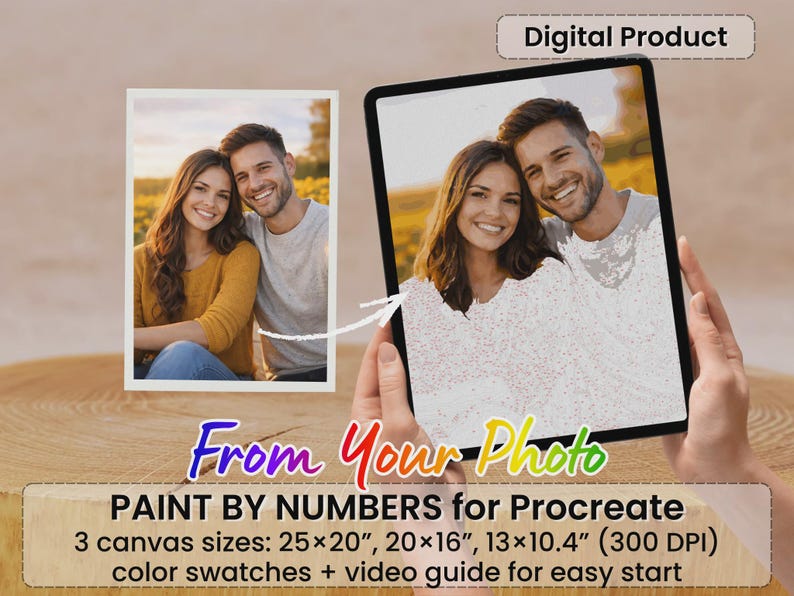 May include: A digital product advertisement shows a photo of a couple on a tablet and in a framed photo. Text reads "Digital Product" and "From Your Photo". The product is "PAINT BY NUMBERS for Procreate" with three canvas sizes: 25x20", 20x16", and 13x10.4".