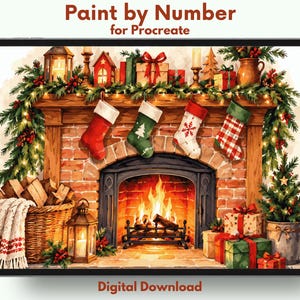 May include: A digital tablet screen displays a Paint by Number for Procreate illustration of a brick fireplace decorated for Christmas. Four stockings hang from the mantel above a fire, with greenery, lanterns, gifts, and a small tree.