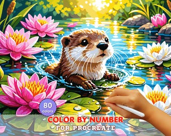 Otter Lily Pond Paint by Number for Procreate – Animal Nature Art (Digital Download)