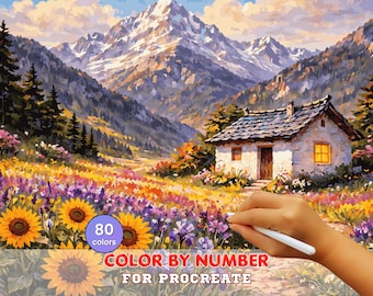Mountain Cottage Flower Field Paint by Number – Procreate Landscape with Sunflowers (Digital Download)