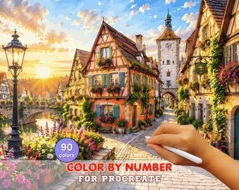 French Village Sunset Paint by Number for Procreate – Charming European Street & Flowers | Digital Download