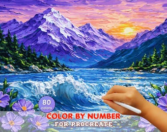Mountain River Sunset Paint by Number for Procreate – Scenic Landscape with Flowers | Digital Download