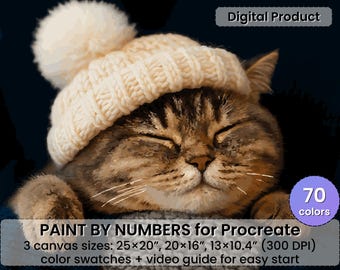 Sleeping Cat Color by Number for Procreate, Winter Illustration (Digital Download)