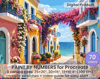 地中海ストリートの塗り絵、Procreate iPadアート（デジタルダウンロード）