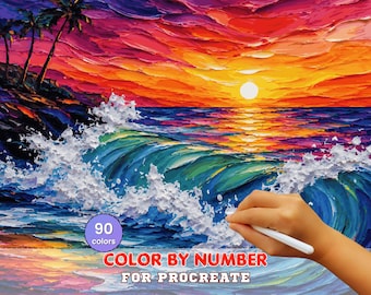 Tropical Sunset Waves Paint by Number for Procreate – Vibrant Ocean Seascape | Digital Download