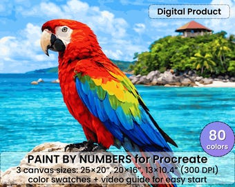 スカーレットマコーのペイントバイナンバー（Procreate用） – 熱帯のオウムのビーチ風景 | デジタルダウンロード