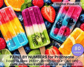 カラフルなフルーツアイスキャンディーの数字で描くペイントバイナンバー（Procreate用） – 夏のアイスクリームアート（デジタルダウンロード）