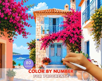 Bougainvillea Courtyard Paint by Number for Procreate – Mediterranean Seaside Retreat | Digital Download