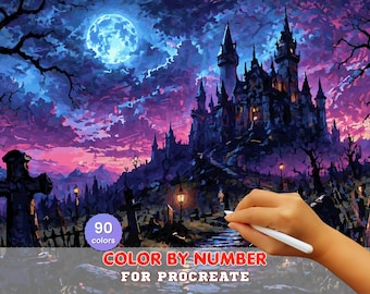 Haunted Castle Paint by Number – Gothic Fantasy, Full Moon Landscape (Digital Download)