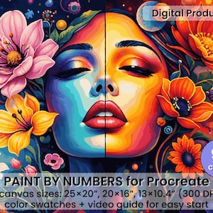 Könnte beinhalten: Digitales Kunstwerk, das ein geteiltes Gesicht in Blau und Orange mit geschlossenen Augen und Blumen zeigt. Der Text "PAINT BY NUMBERS for Procreate" ist zu sehen, zusammen mit Leinwandgrößen und 90 Farben.