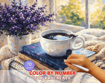 Cozy Coffee Book Paint by Number for Procreate – Reading Corner Scene (Digital Download)