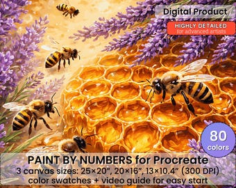 ミツバチとハニカムのペイントバイナンバー（Procreate用） – ラベンダーハニーの自然風景 | デジタルダウンロード