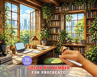 Cozy Home Office Paint by Number for Procreate – Nature Workspace | Digital Download