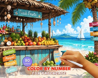 Tropical Fruit Stand Paint by Number for Procreate – Sunny Beach Paradise | Digital Download