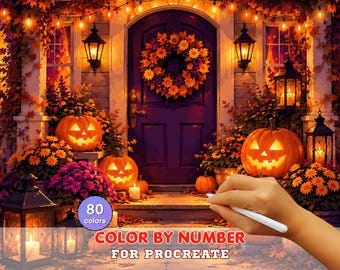 Halloween Porch Paint by Number for Procreate – Glowing Pumpkins & Autumn Lights | Digital Download