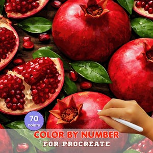 Peut inclure: Un projet d'art numérique de coloriage par numéro représentant des grenades rouges éclatantes, entières ou coupées en deux révélant des graines rouges, avec des feuilles vertes. Texte : 70 colors, COLOR BY NUMBER FOR PROCREATE.