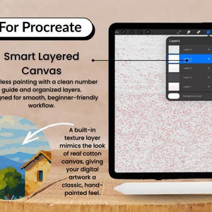 May include: An image promoting Procreate digital art software, featuring a tablet with a stylus and a layered canvas interface. The text highlights features like a clean number guide and a built-in texture layer for a hand-painted feel.